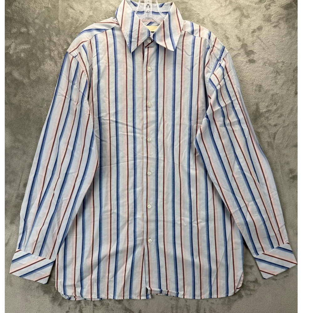 Perry Ellis Mens Medium Striped Button Down Shirt Blue Burgundy White Cotton